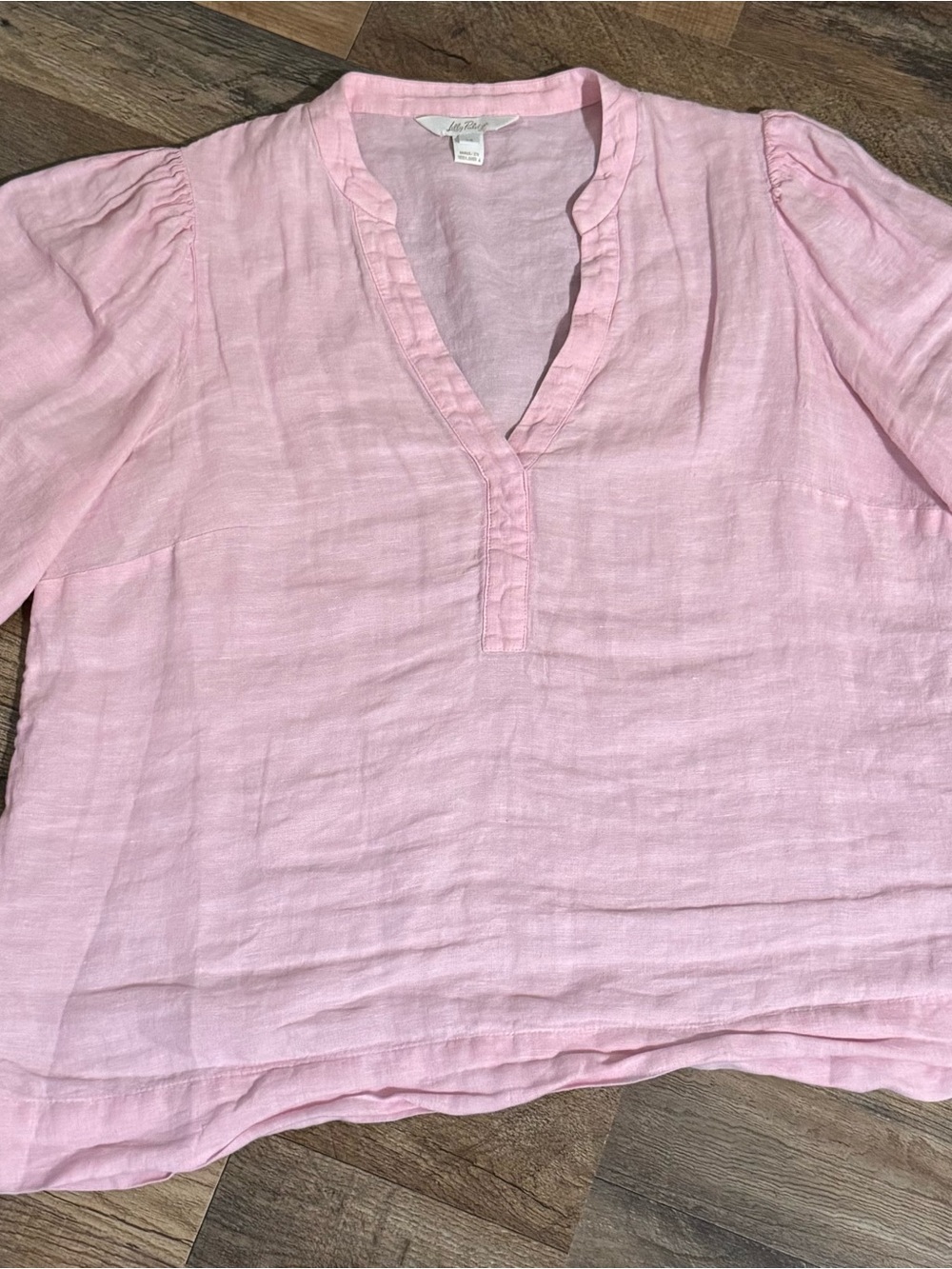 Lilly Pulitzer Pink Linen V-Neck Puff Sleeve Top